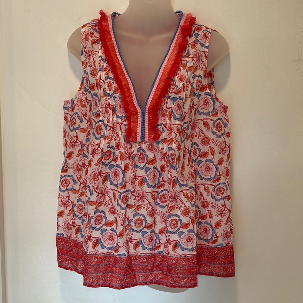 Vineyard Vines FLORAL block pintuck top Medium Papaya Punch Sleeveless N…